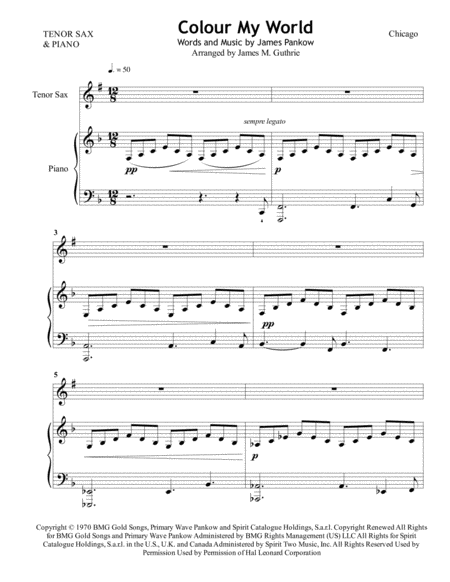 Chicago Colour My World For Tenor Sax Piano Sheet Music