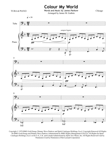 Chicago Colour My World For Tuba Piano Sheet Music