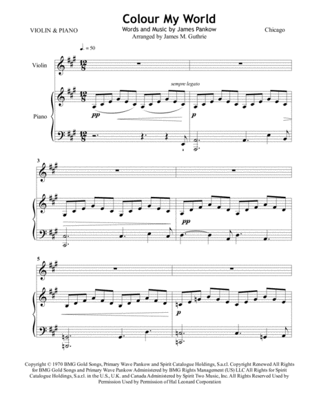 Free Sheet Music Chicago Colour My World For Violin Piano