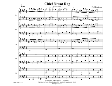 Chief Niwot Rag For Five Pianos Sheet Music