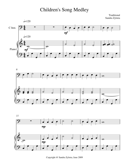 Childrens Song Medley Bass C Instrument Solo Sheet Music