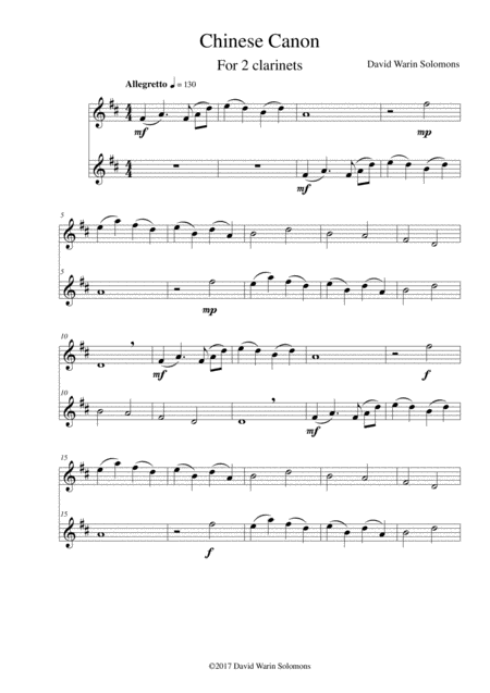 Free Sheet Music Chinese Canon For Two Clarinets