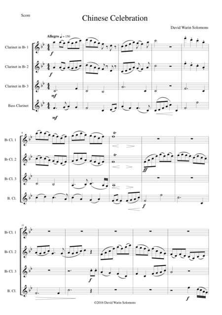 Free Sheet Music Chinese Celebration For Clarinet Quartet