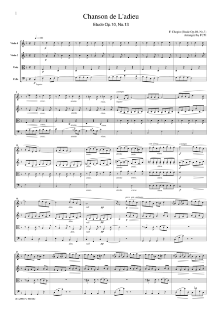 Free Sheet Music Chopin Chanson De L Adieu Etude Op 10 No 3 For String Quartet Cc001