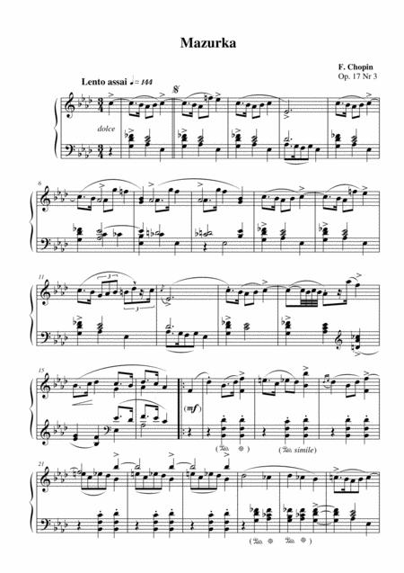 Chopin Mazurka Op 17 No 3 For Piano Solo Sheet Music