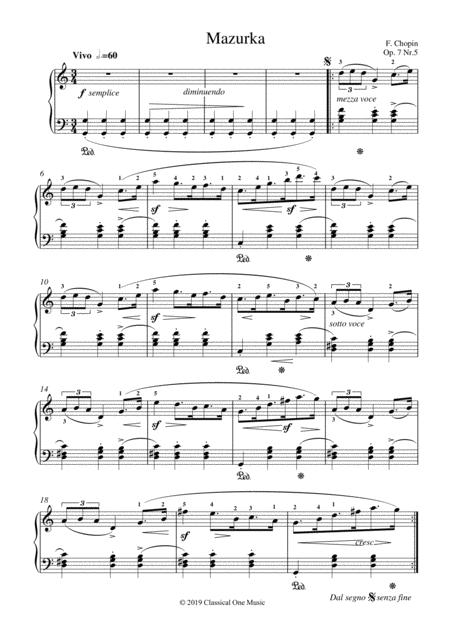 Chopin Mazurka Op 7 No 5 For Piano Solo Sheet Music