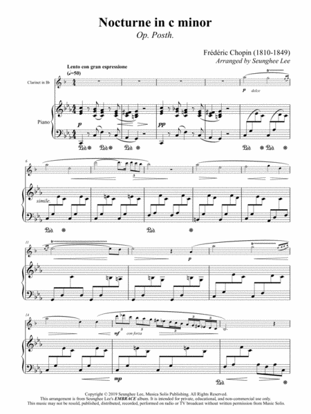 Chopin Nocturne In C Minor Op Posth For Clarinet And Piano Arr Seunghee Lee Sheet Music