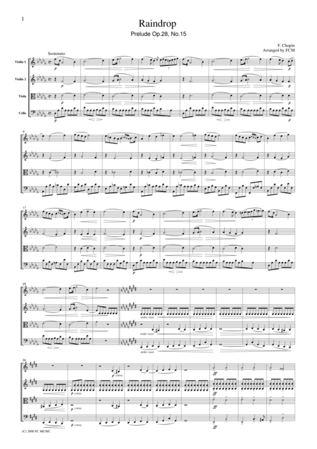 Chopin Raindrop Prelude Op 28 No 15 For String Quartet Cc003 Sheet Music