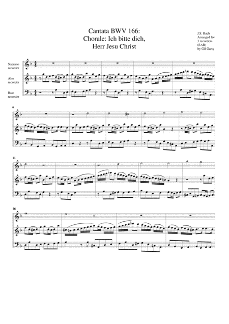 Chorale Ich Bitte Dich Herr Jesu Christ From Cantata Bwv 166 Arrangement For 3 Recorders Sheet Music