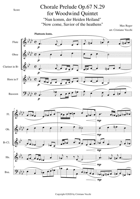 Chorale Prelude Op 67 N 29 For Woodwind Quintet Sheet Music