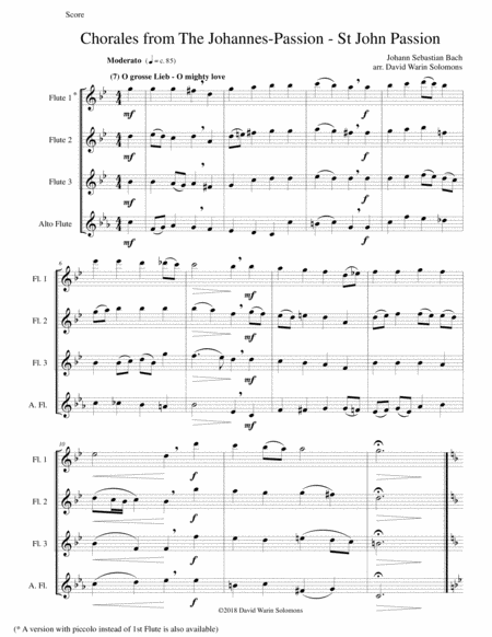 Chorales From The Johannes Passion St John Passion For Flute Quartet 3 Flutes And Alto Flute Sheet Music