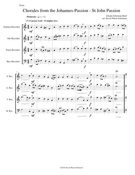 Chorales From The Johannes Passion St John Passion For Recorder Quartet Sheet Music