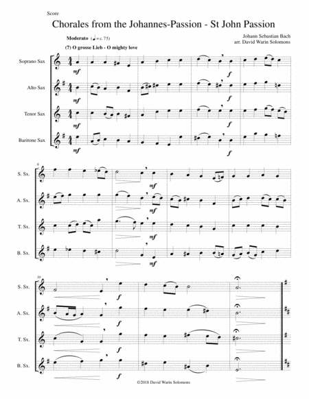 Chorales From The Johannes Passion St John Passion For Saxophone Quartet Sheet Music