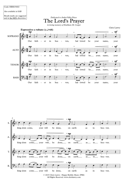 Free Sheet Music Chris Lawry The Lords Prayer For Satb Choir A Cappella