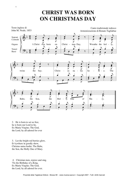 Christ Was Born On Christmas Day Arr For Satb Choir Sheet Music