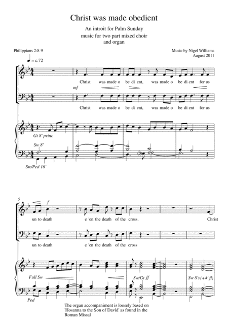 Free Sheet Music Christ Was Made Obedient For Two Part Mixed Choir And Organ