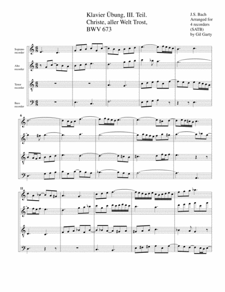 Christe Aller Welt Trost Bwv 673 From Klavier Uebung Iii Teil Arrangement For 4 Recorders Sheet Music