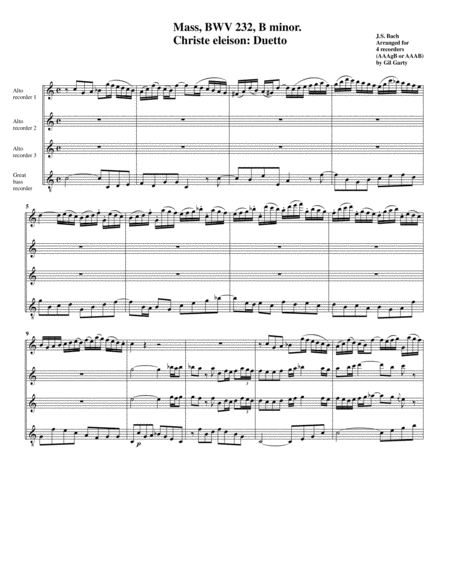 Free Sheet Music Christe Eleison From Mass Bwv 232 Arrangement For 4 Recorders