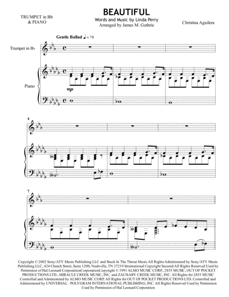 Christina Aguilera Beautiful For Trumpet Piano Sheet Music