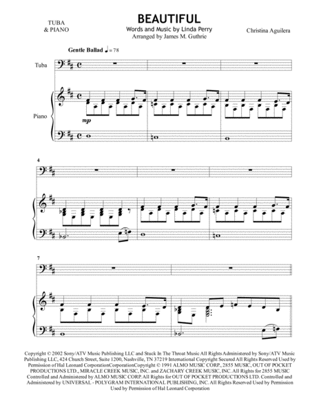 Free Sheet Music Christina Aguilera Beautiful For Tuba Piano