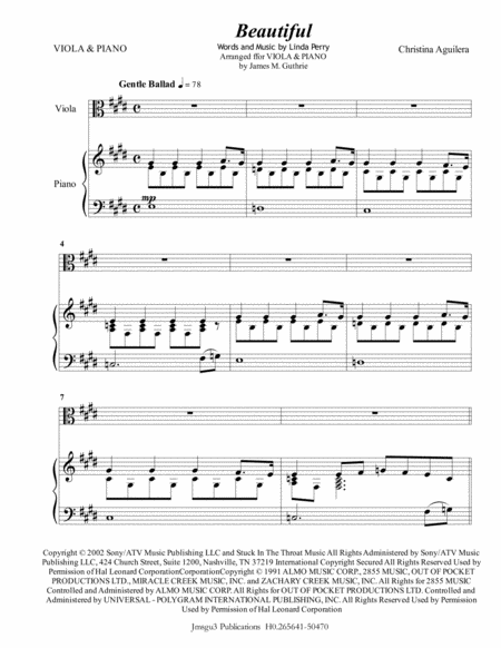Free Sheet Music Christina Aguilera Beautiful For Viola Piano