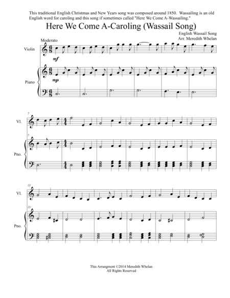 Christmas Duets For Violin Piano Here We Come A Caroling Wassail Song Sheet Music