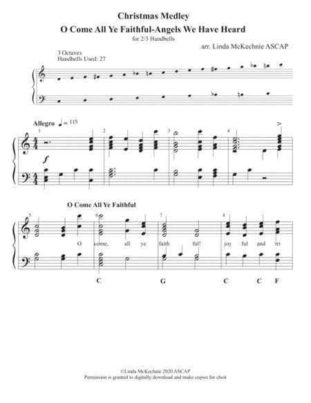 Free Sheet Music Christmas Medley With O Come All Ye Faithful And Angels We Have Heard On High Handbell Arrangement For Level 2 Medium Difficulty For 2 Or 3 Octave Han