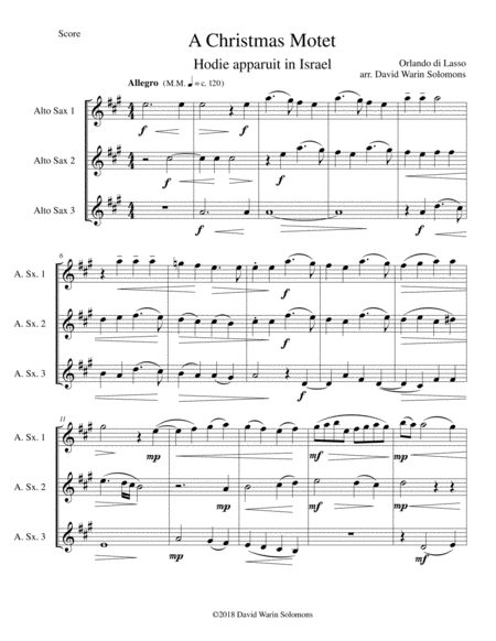 Free Sheet Music Christmas Motet Hodie Apparuit In Israel For 3 Alto Saxophones