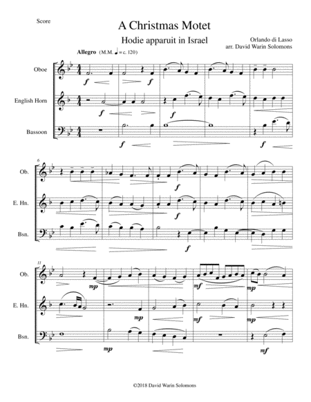 Christmas Motet Hodie Apparuit In Israel For Double Reed Trio Sheet Music