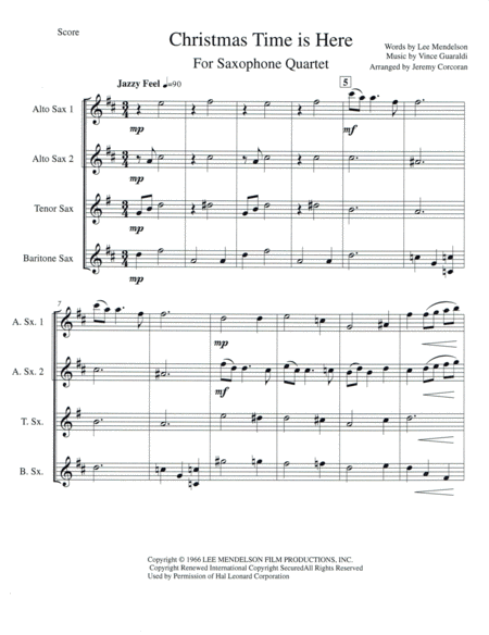 Free Sheet Music Christmas Time Is Here For Saxophone Quartet