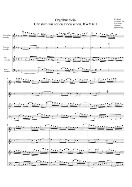 Christum Wir Sollen Loben Schon Bwv 611 From Orgelbuechlein Arrangement For 4 Recorders Sheet Music