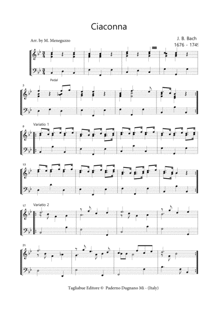 Ciacona In Bb Bach For Organ 2 Staff Sheet Music