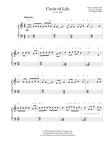 Circle Of Life From The Lion King For Easy Piano Sheet Music