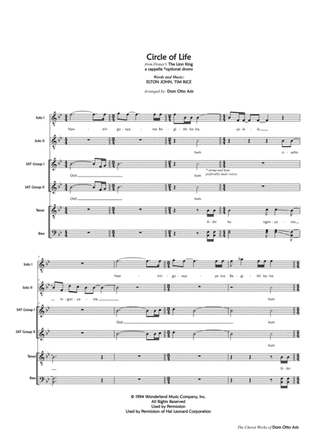 Free Sheet Music Circle Of Life Satb Divisi A Cappella