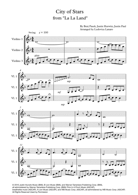 City Of Stars 3 Violins Sheet Music