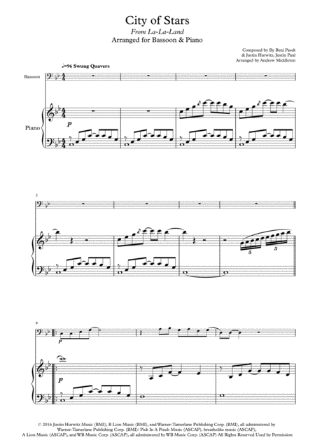 Free Sheet Music City Of Stars Arranged For Bassoon And Piano