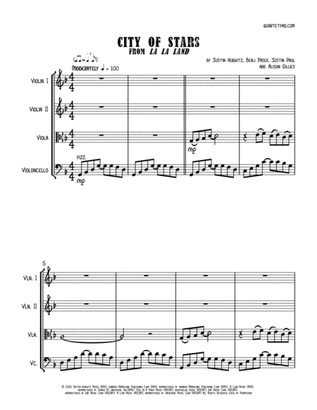 City Of Stars From La La Land String Quartet Sheet Music