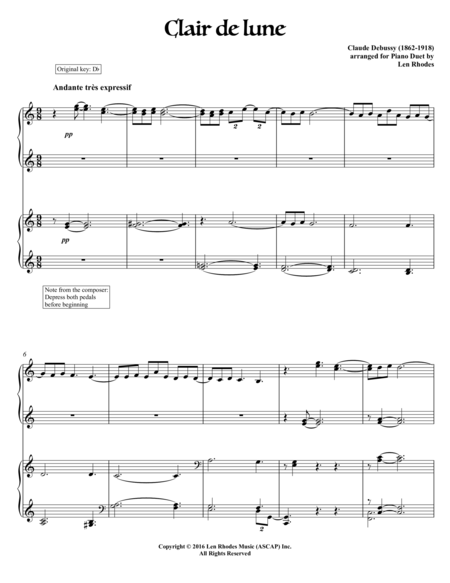 Free Sheet Music Clair De Lune Claude Debussy For Piano Duet