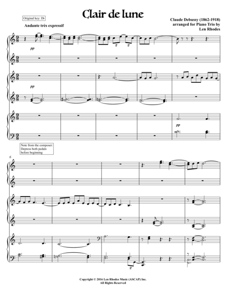 Clair De Lune Claude Debussy For Six Hands One Piano Sheet Music