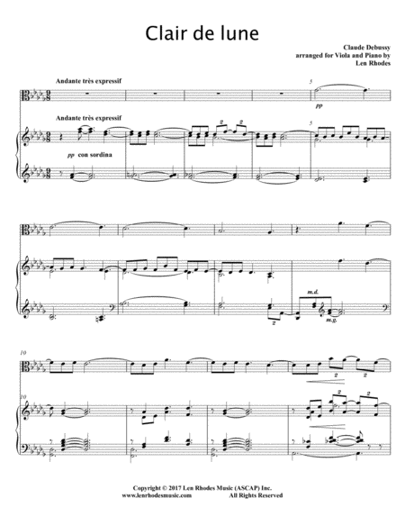 Clair De Lune Claude Debussy For Viola And Piano Sheet Music