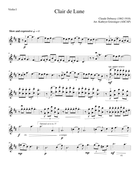 Free Sheet Music Clair De Lune Debussy Easy String Quartet Or Quintet