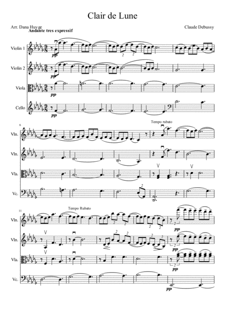 Free Sheet Music Clair De Lune For String Quartet