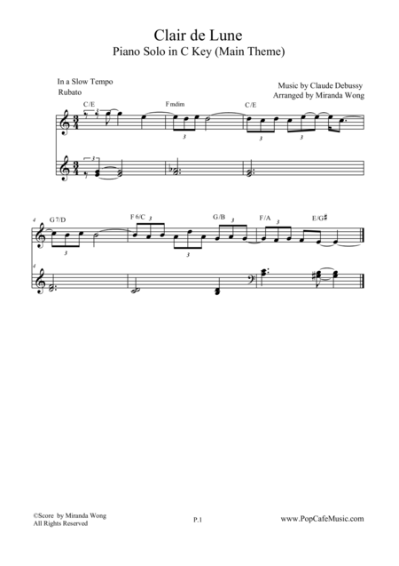 Clair De Lune In C Key Easy Piano Solo Sheet Music