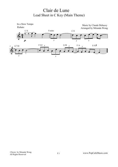 Clair De Lune Violin Solo In C Key Sheet Music