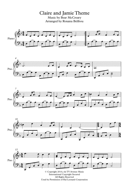 Claire And Jamie Theme From Outlander Piano Sheet Music