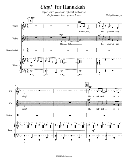 Free Sheet Music Clap For Hanukkah For 2 Part Choir Piano And Optional Tambourine