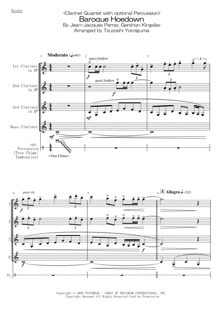 Clarinet Quartet With Optional Percussion Baroque Hoedown Sheet Music