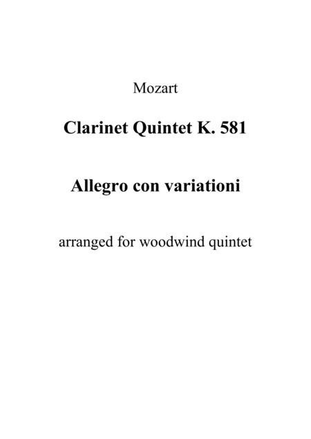 Clarinet Quintet K 581 Allegro Con Variationi Full Score Sheet Music