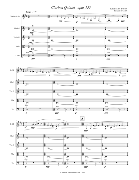 Clarinet Quintet Opus 155 2013 For Clarinet And String Quartet Sheet Music