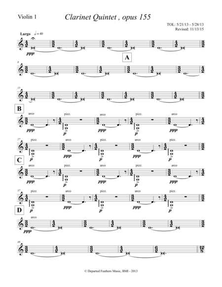 Free Sheet Music Clarinet Quintet Opus 155 2013 Violin 1 Part